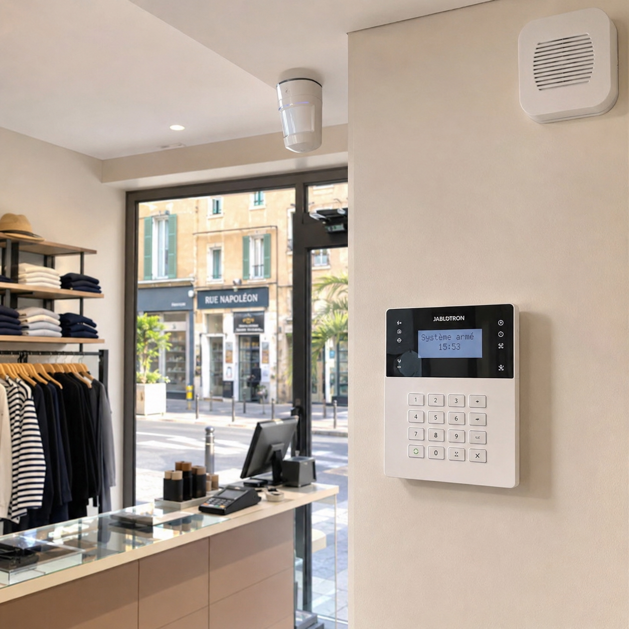 Modern boutique with security panel view