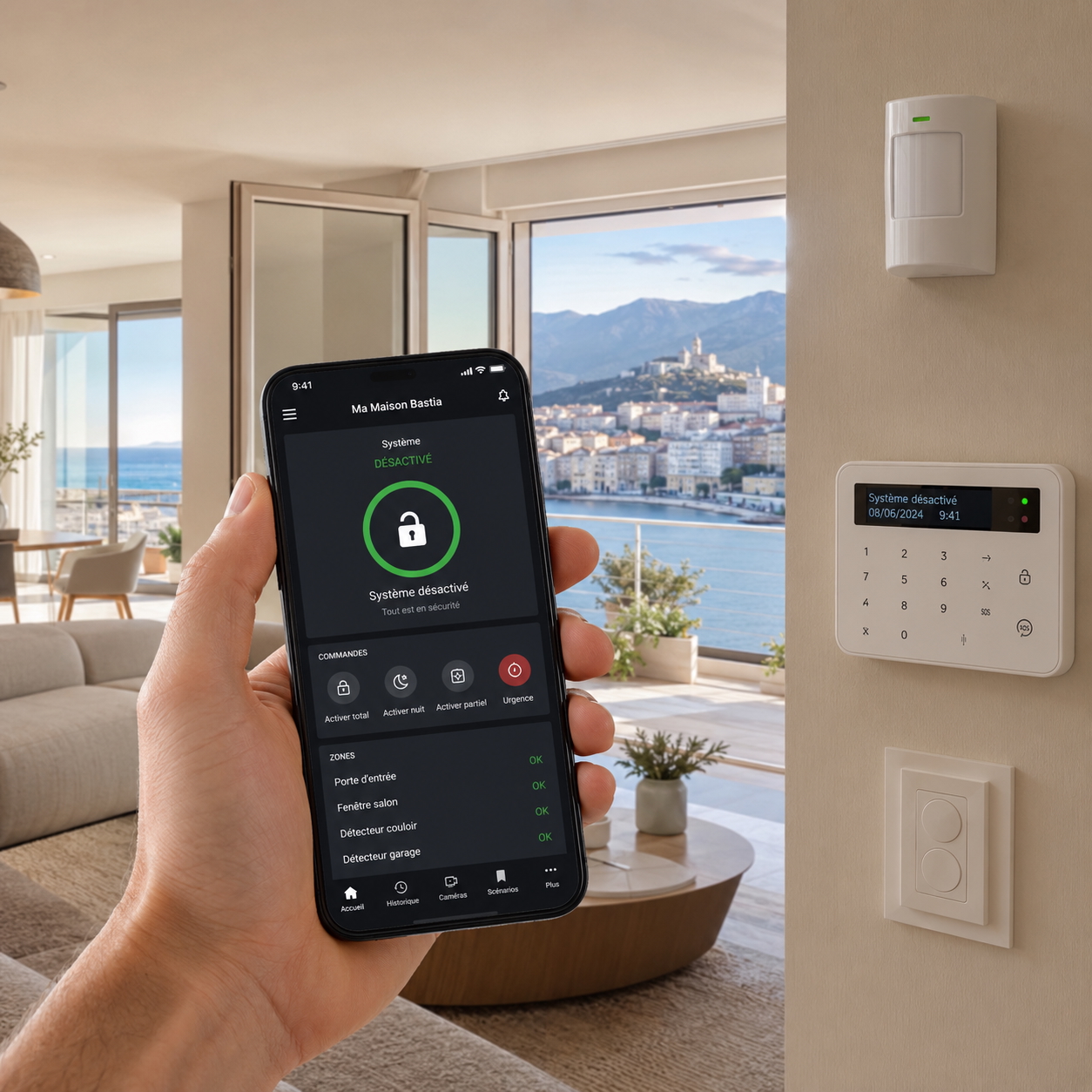 Modern coastal home with security app display