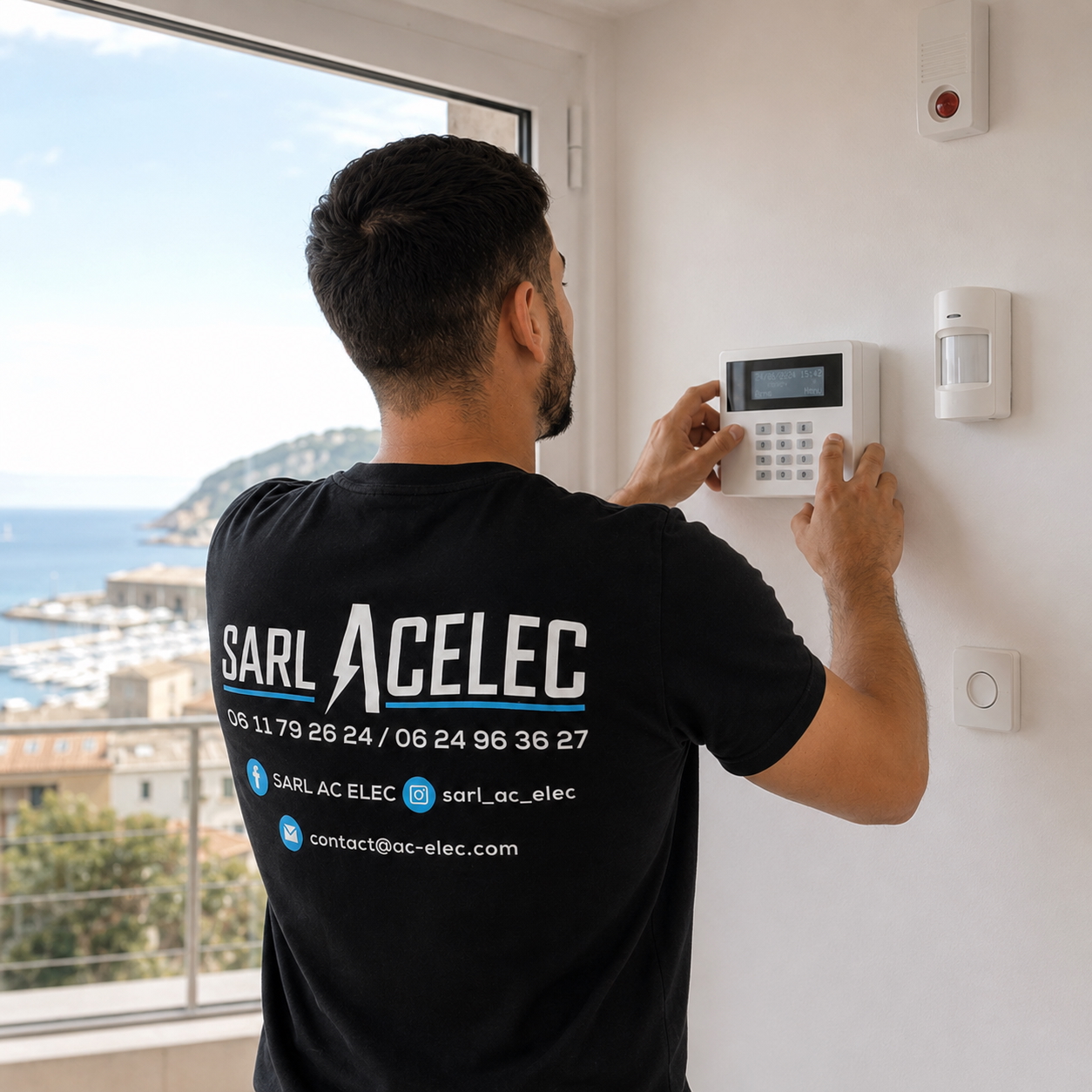 Technician installing security keypad by window